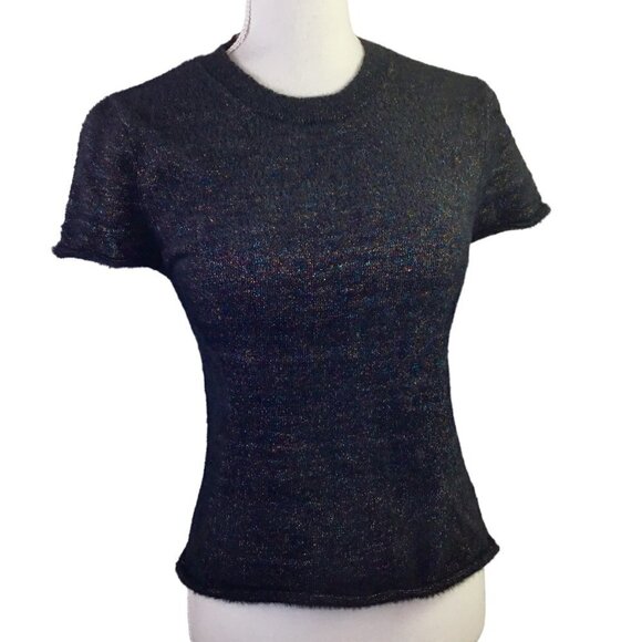 Zara Knit Metallic Thread Women's Sweater Size S Black Short Sleeve Rolled Hems - Picture 2 of 8